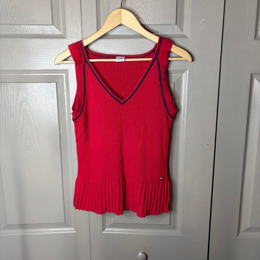 Tommy Hilfiger Tommy Jeans Red Ribbed Peplum Tank Top V-Neck Navy Trim XL